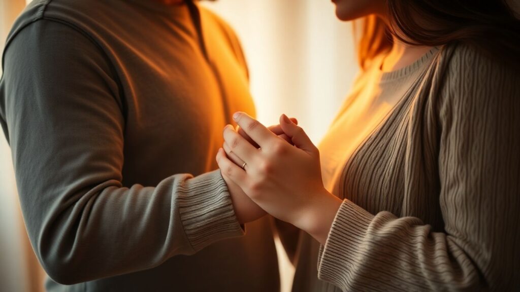 Couple embracing, hands touching, warm lighting.