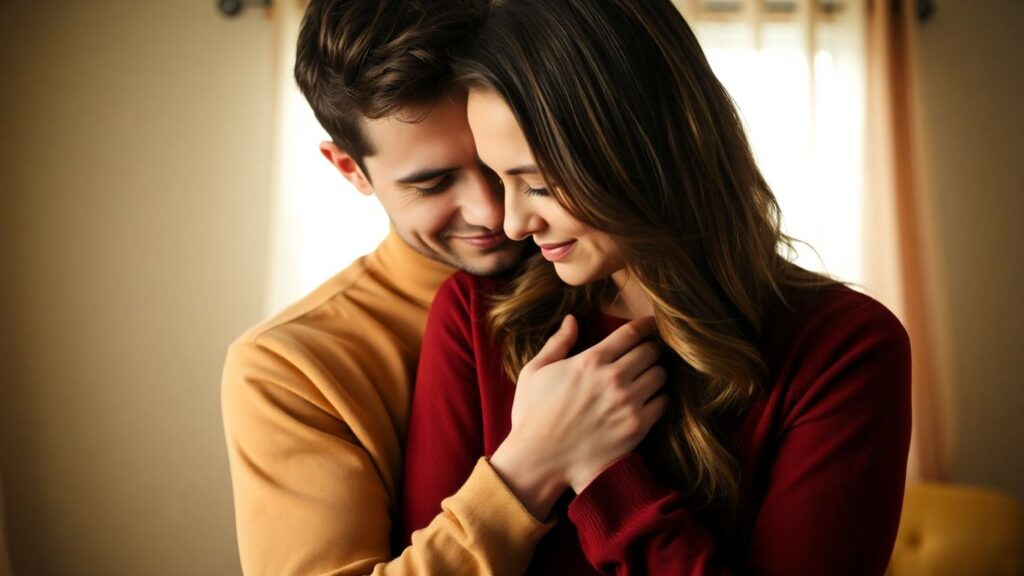 Couple embracing intimately, conveying emotional connection.