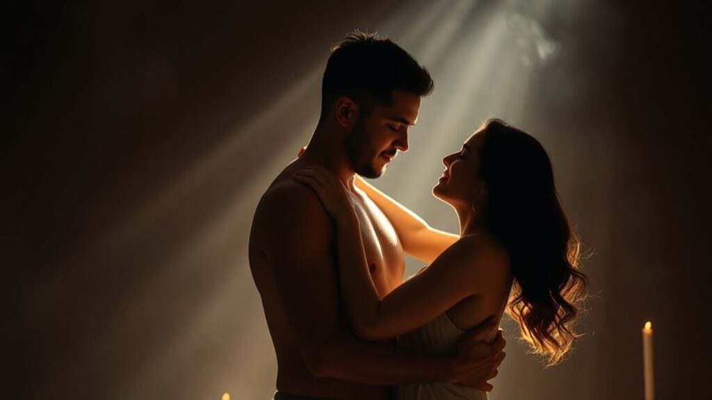 Couple embracing intimately in a serene, spiritual setting.