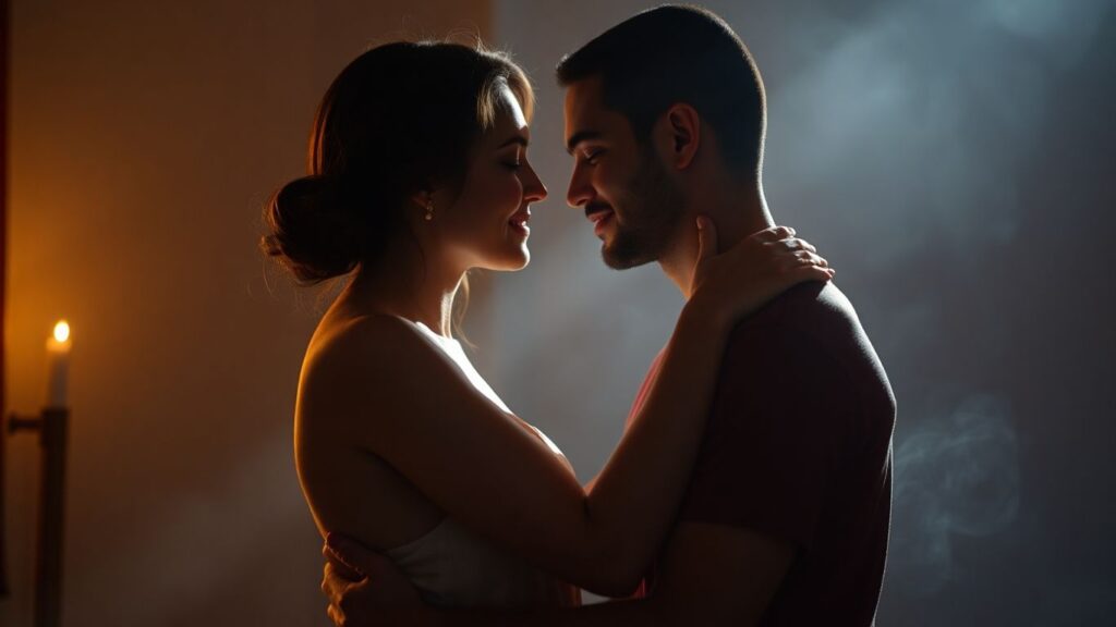 Couple embracing intimately in a serene, warm-lit room.