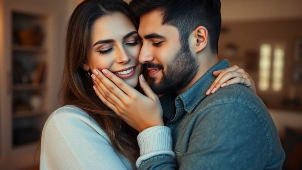 Couple embracing intimately in a warm, cozy setting.