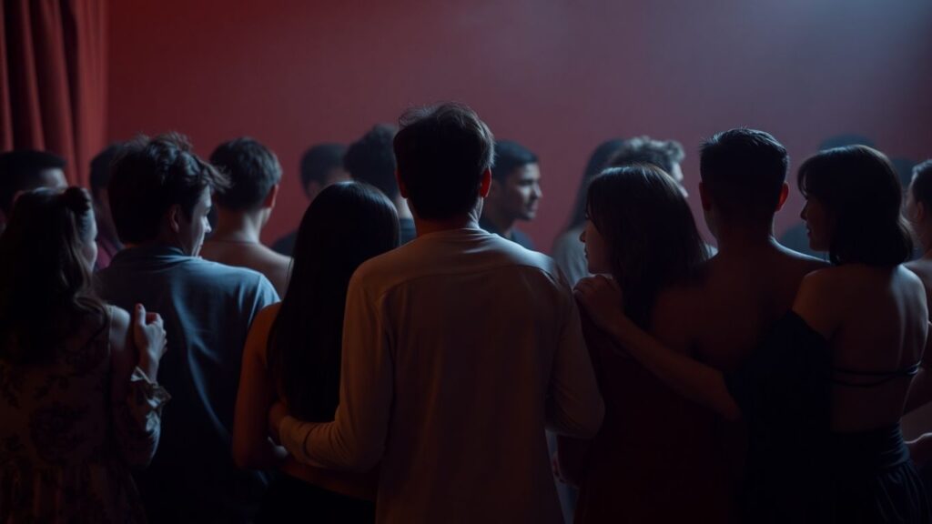 Couple embracing intimately in soft, warm lighting.