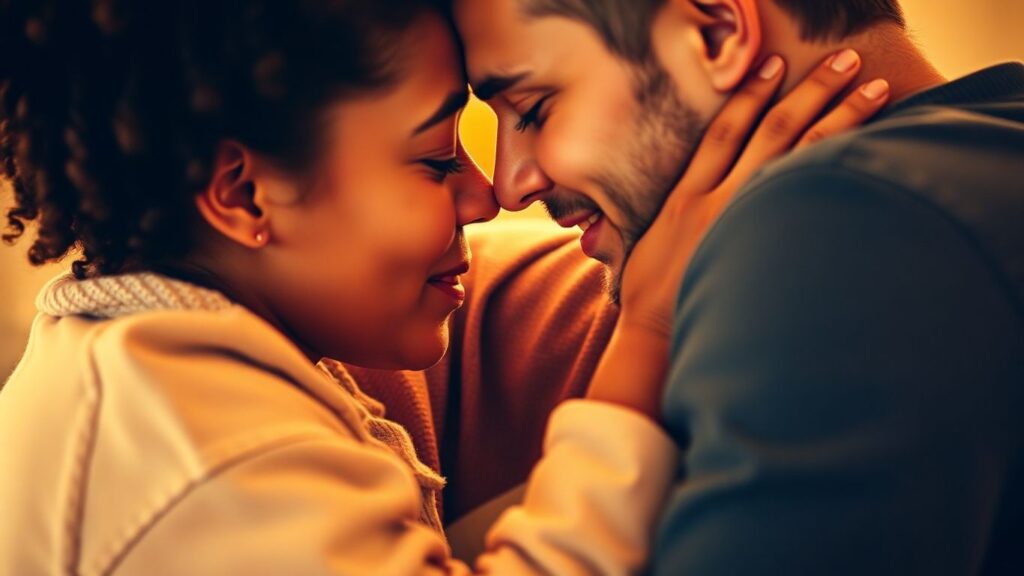 Couple embracing intimately, showing emotional connection.