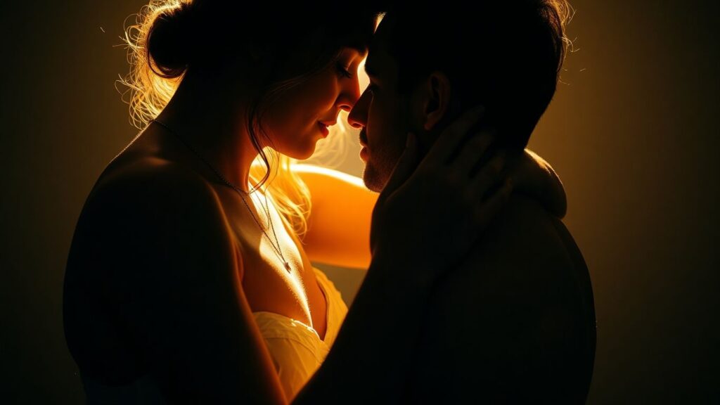 Couple embracing, sharing sexual energy