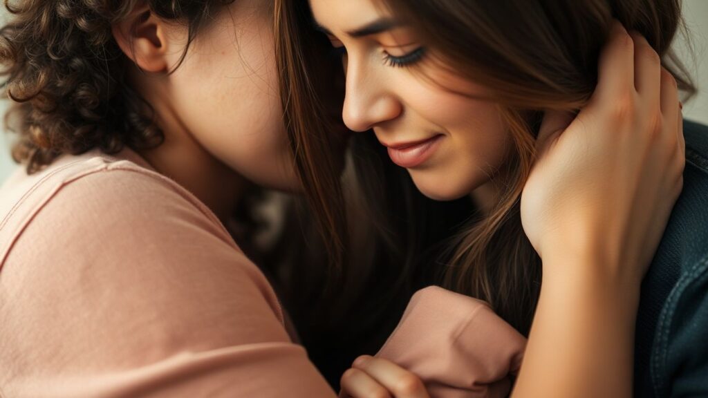 Couple embracing, showing comfort and intimacy after an activity.