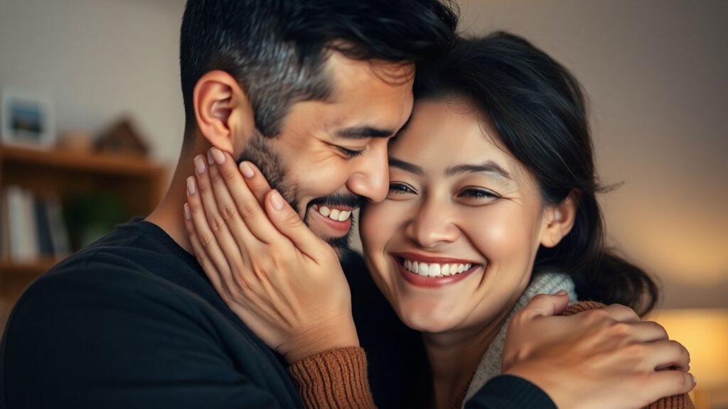 Couple embracing, showing intimacy and connection.