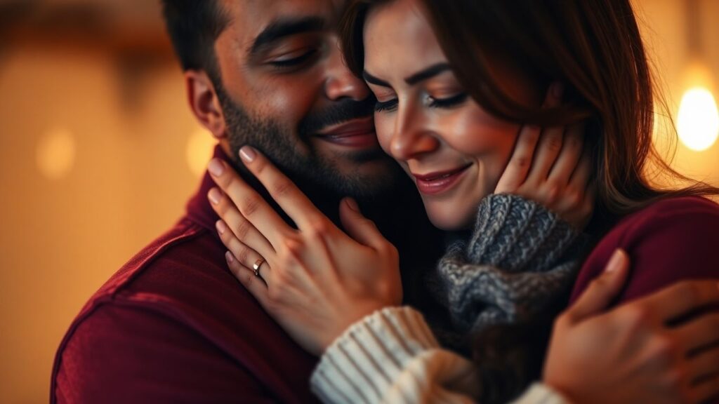 Couple embracing, showing intimacy and connection.