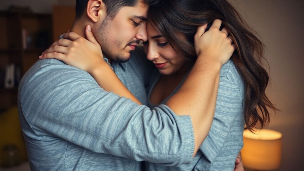 Couple embracing, showing trust and vulnerability.