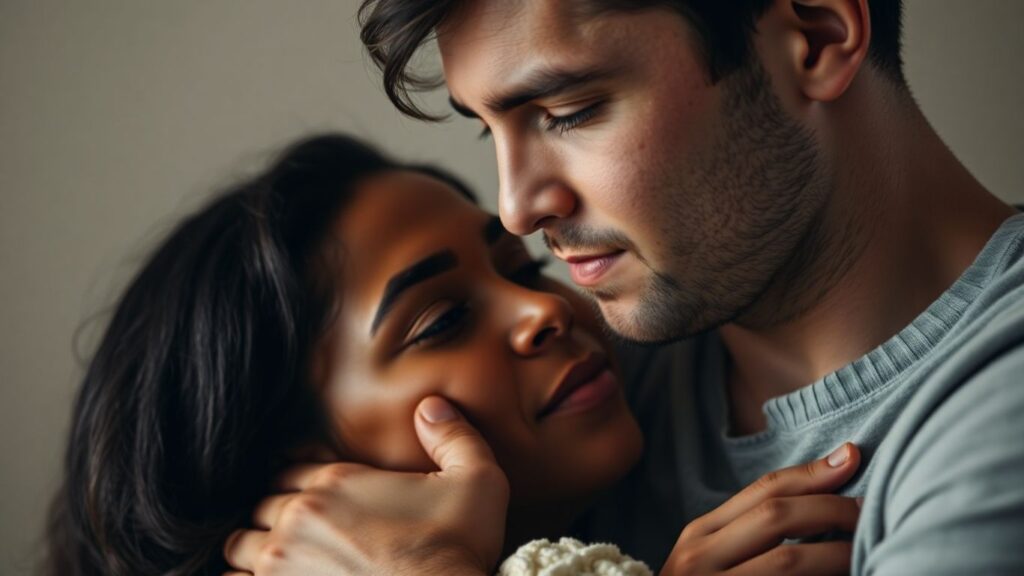 Couple embracing, showing vulnerability and emotional connection.