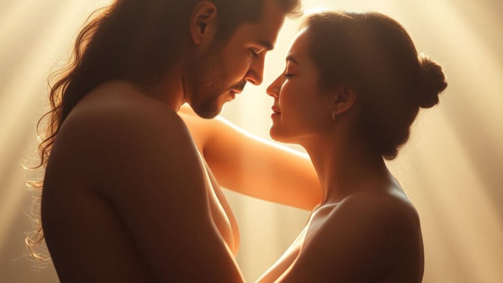 Couple embracing with ethereal light