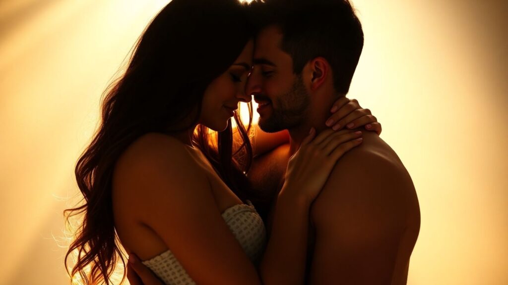 Couple embracing with heart chakra energy