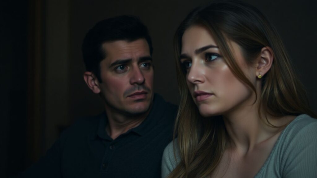 Couple in a dimly lit room, showing emotional distance.