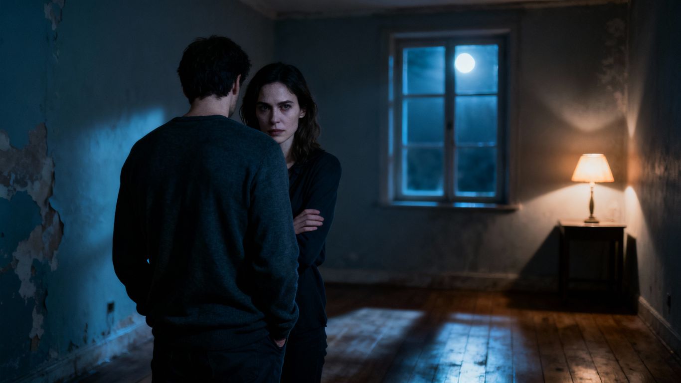 Couple in a dimly lit room with emotional tension.