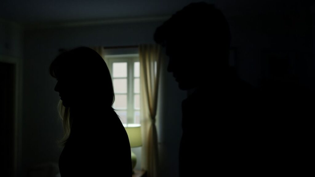 Couple in a room with a third figure.