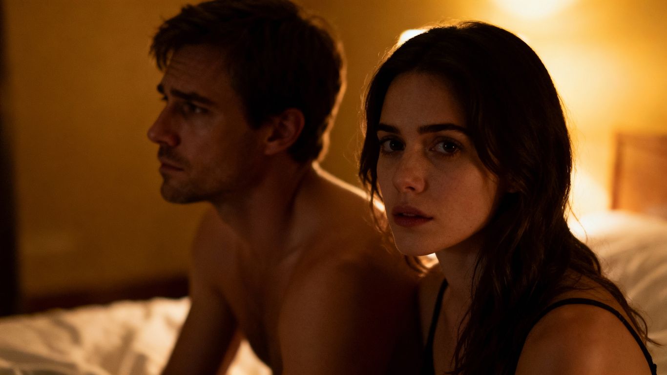 Couple in bedroom, exploring relationship dynamics.