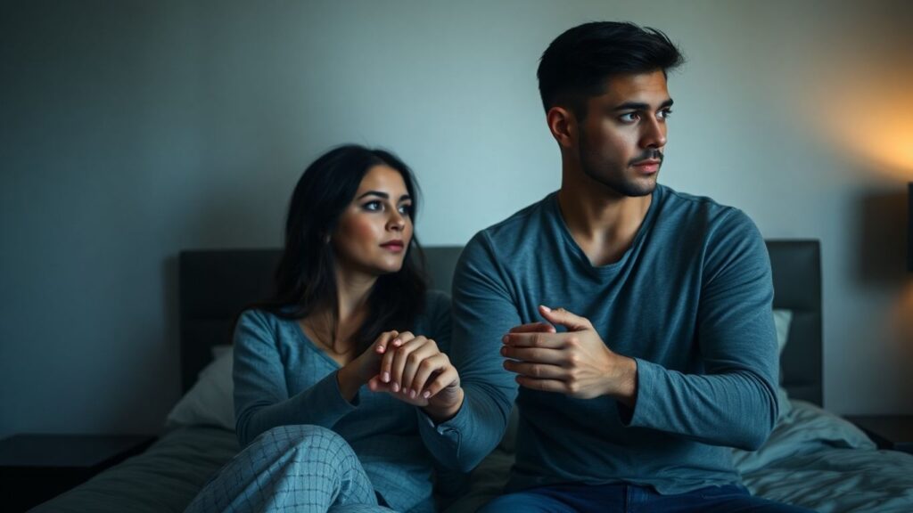 Couple in bedroom, hands intertwined, intimate connection.