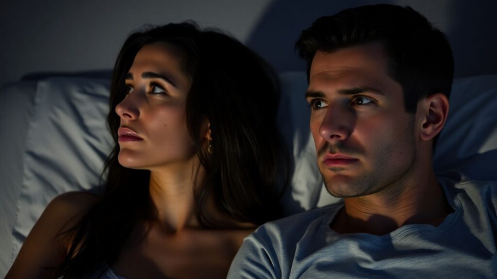 Couple in bedroom, intimate and thoughtful expressions.