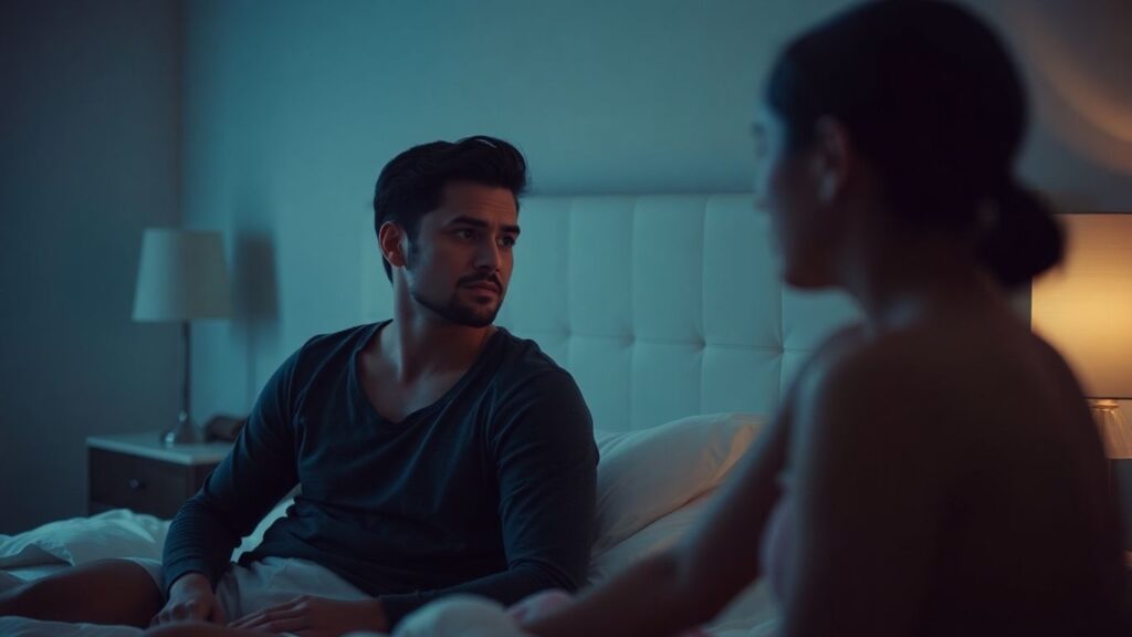 Couple in bedroom, one partner with another person.