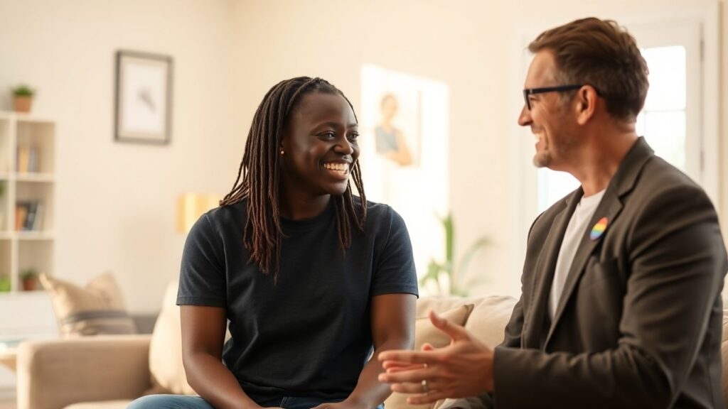 Couple in conversation, one person wearing a subtle rainbow pin.