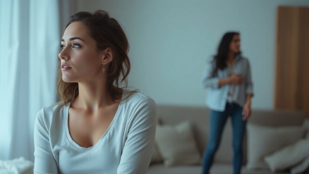 Couple in domestic setting with another figure entering.