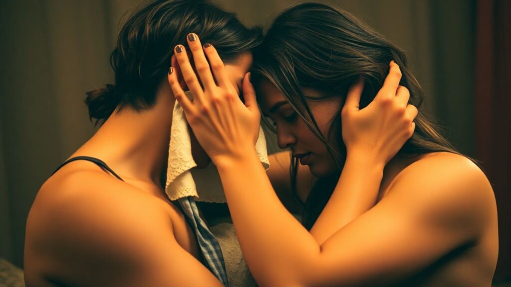 Couple in embrace, one offering comfort and care.