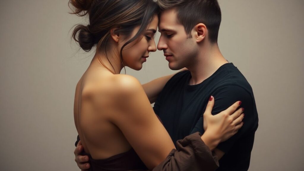 Couple in fluid embrace, symbolizing modern intimacy.