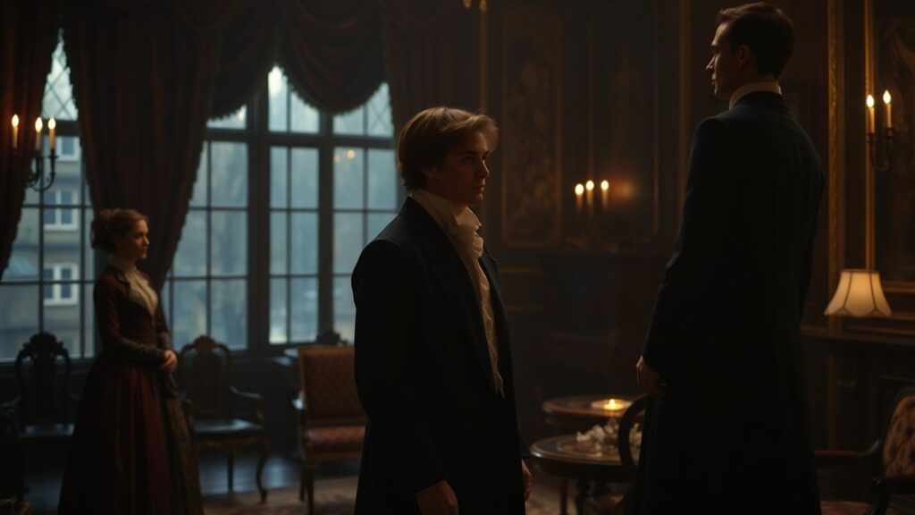 Couple in historical setting, observing intimate interaction.