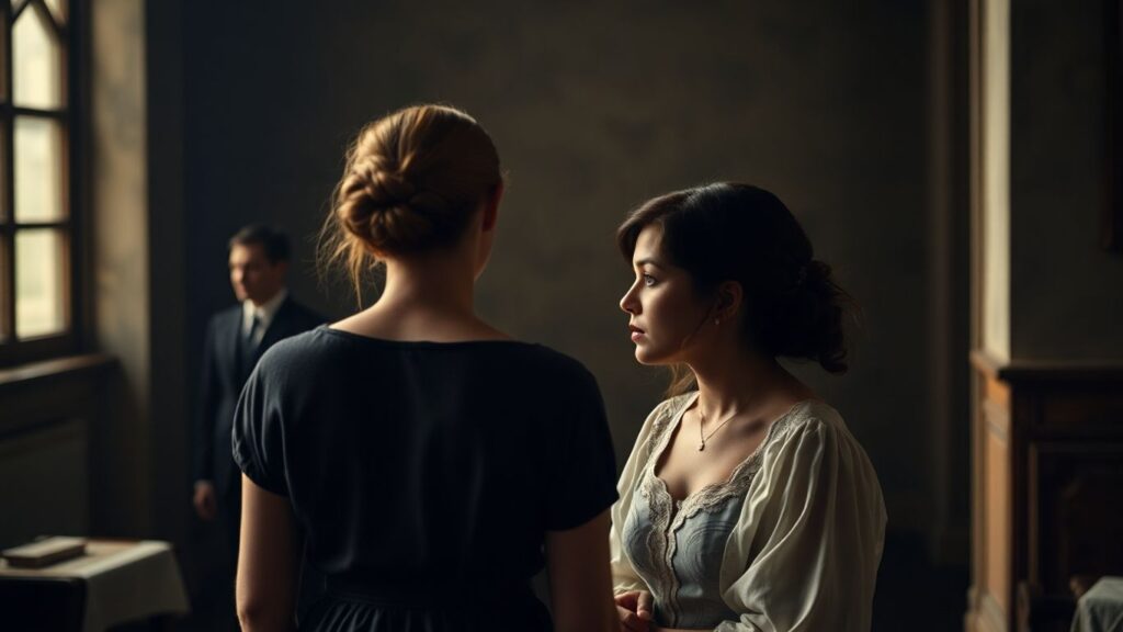 Couple in historical setting, woman looking away from partner.