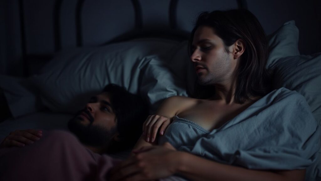 Couple in intimate bedroom setting, emotional connection.