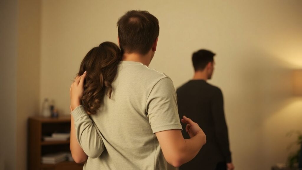 Couple in intimate embrace, another figure present.