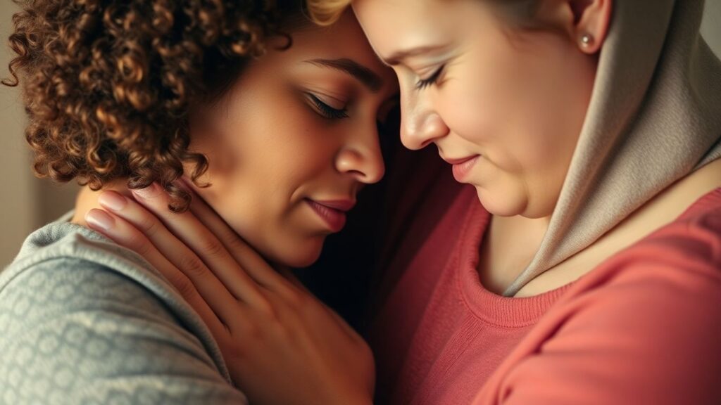 Couple in intimate embrace, conveying emotional connection.