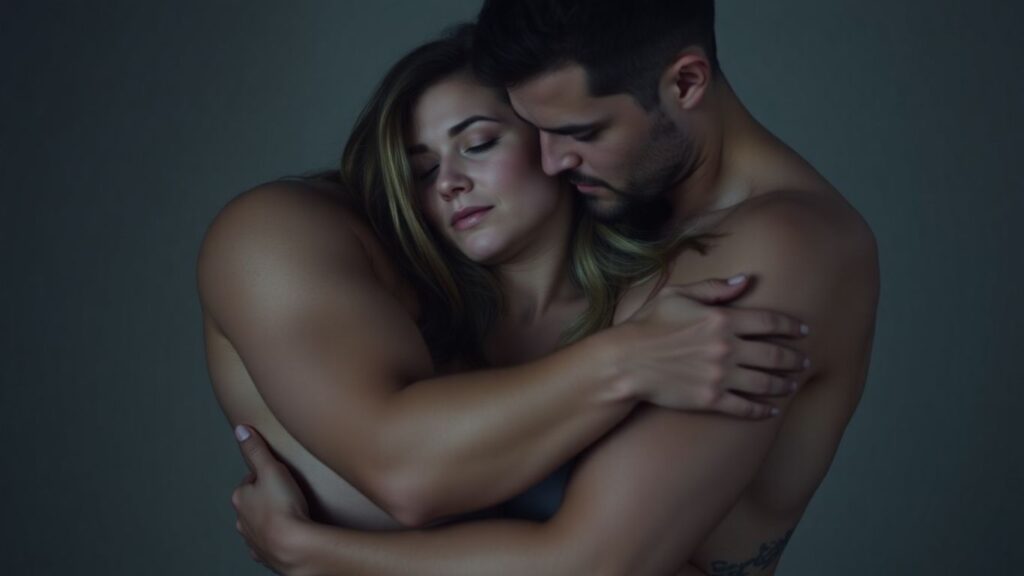 Couple in intimate embrace, exploring kink and polyamory dynamics.