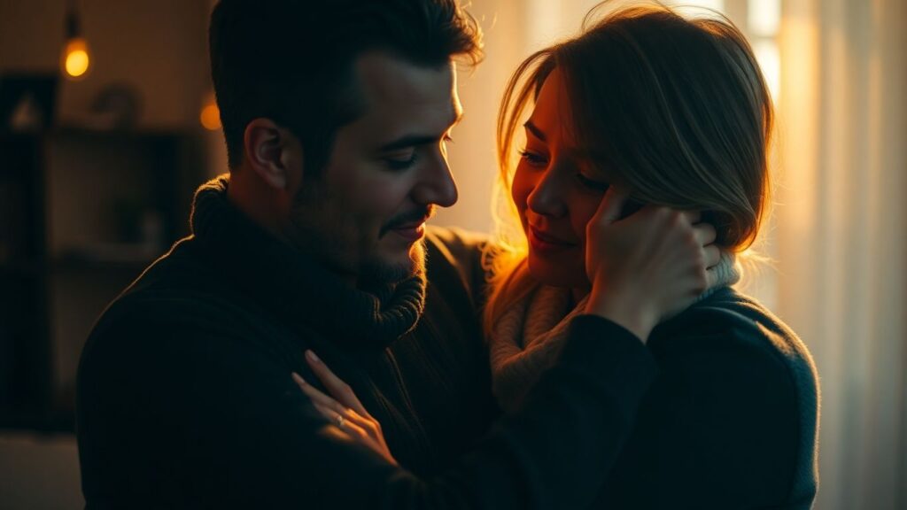 Couple in intimate embrace, resolving conflict