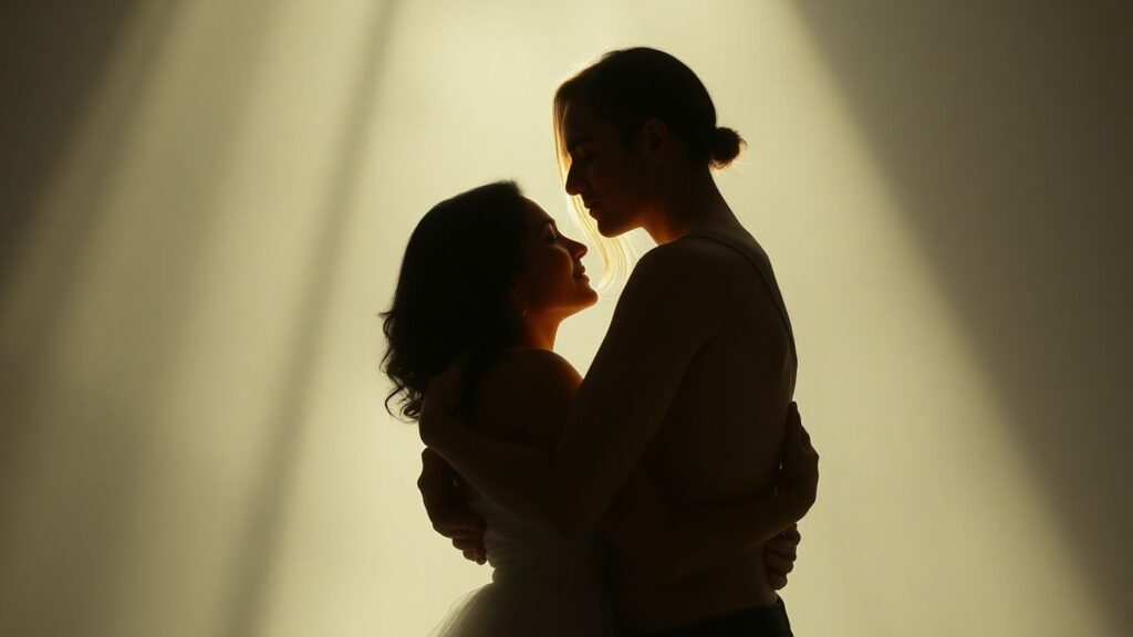 Couple in intimate, energetic embrace