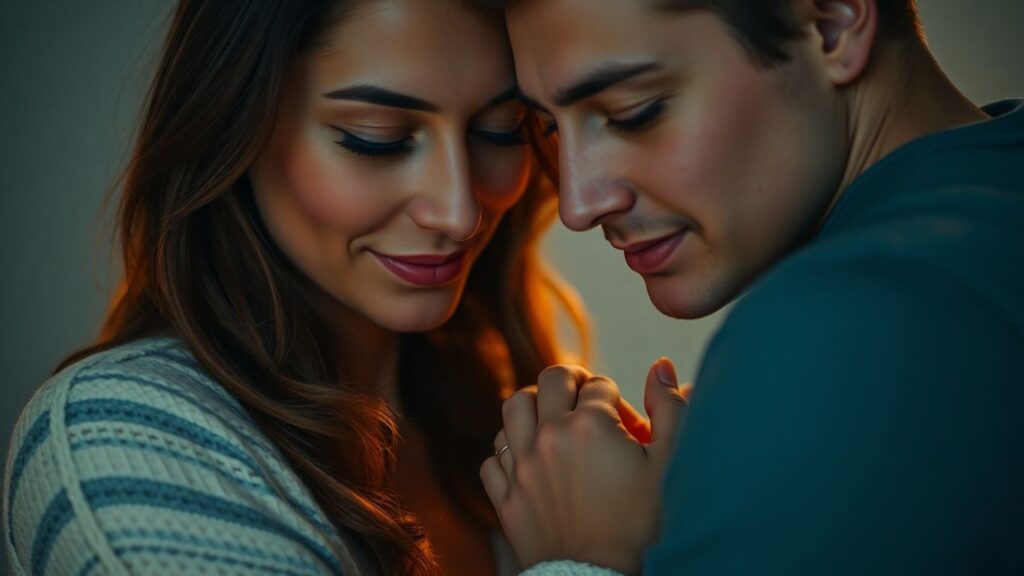 Couple in intimate, harmonious embrace