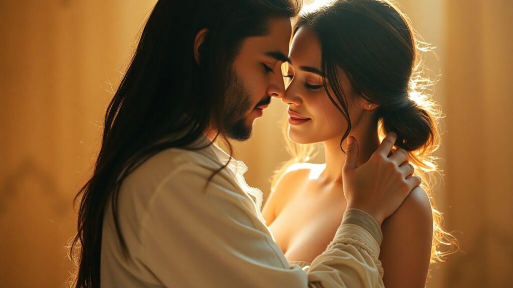 Couple in intimate, serene embrace