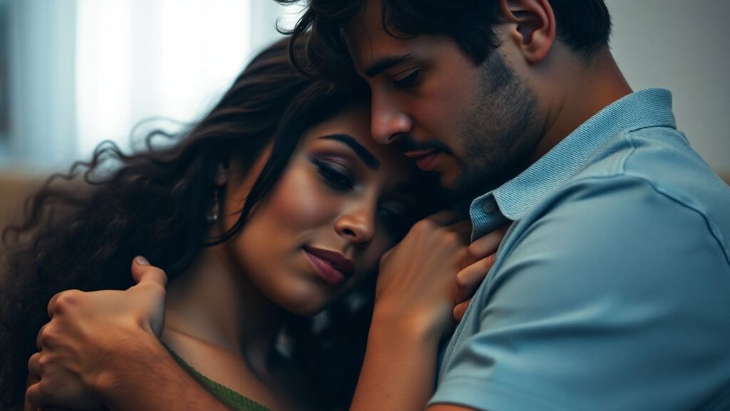 Couple in intimate, trusting embrace