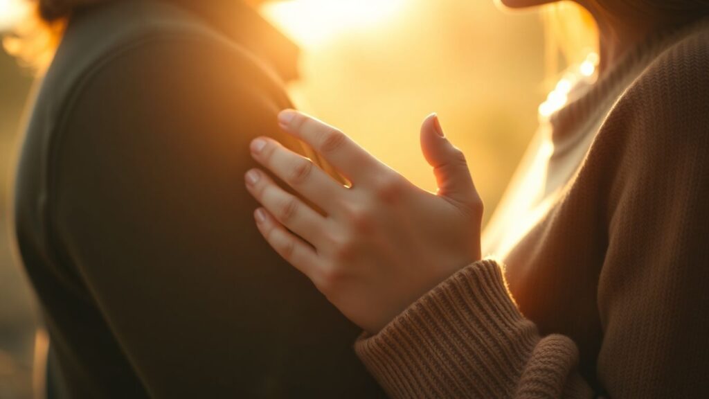 Couple in loving embrace, warm light, deep connection.