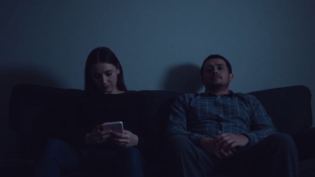 Couple on couch, one partner distracted by phone.