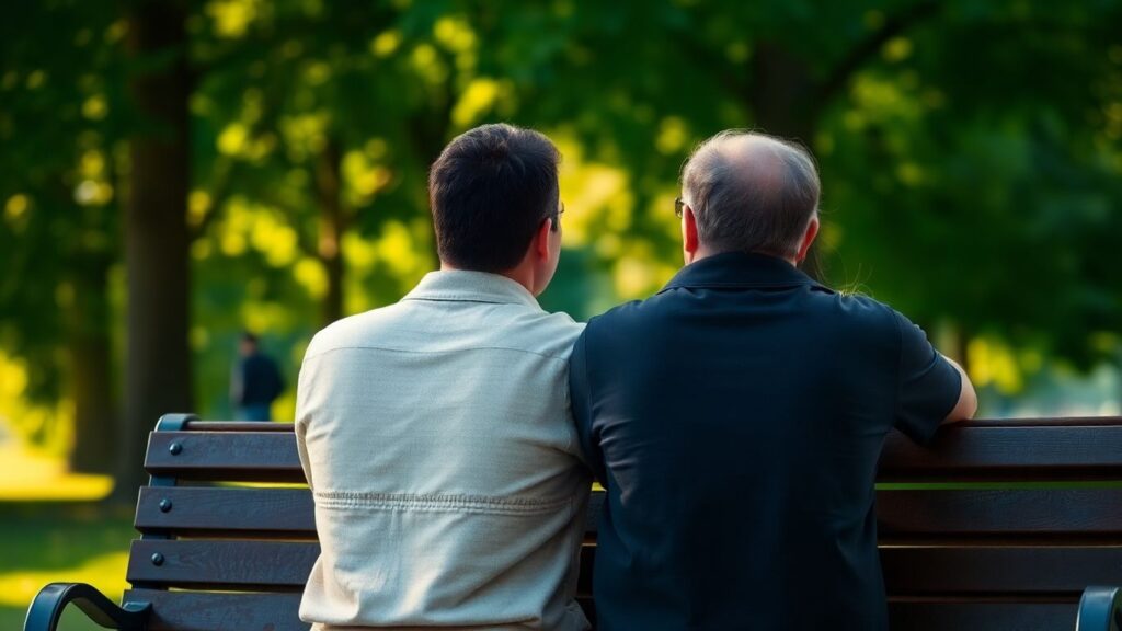 Couple on park bench, finding balance in relationship.