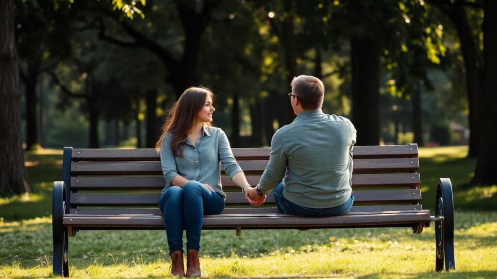 Couple on park bench, holding hands, thoughtful expressions.