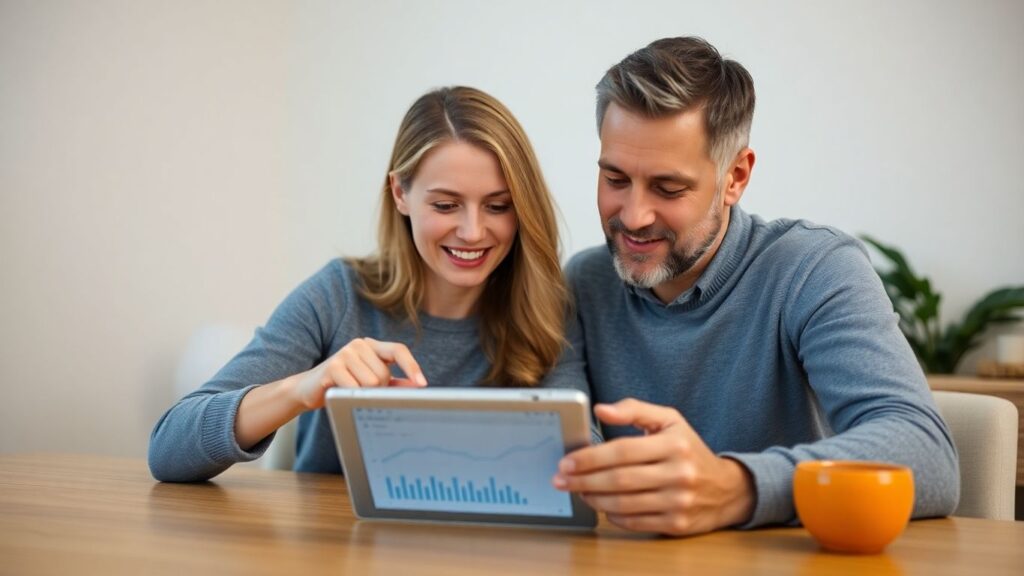 Couple reviewing shared finances on a tablet.