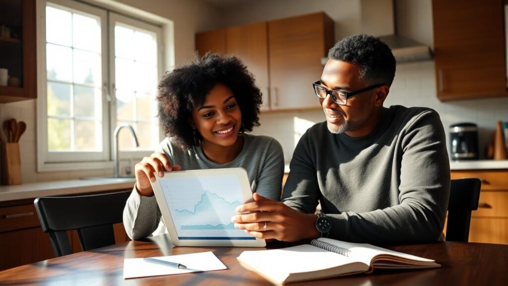 Couple reviewing shared finances on a tablet.