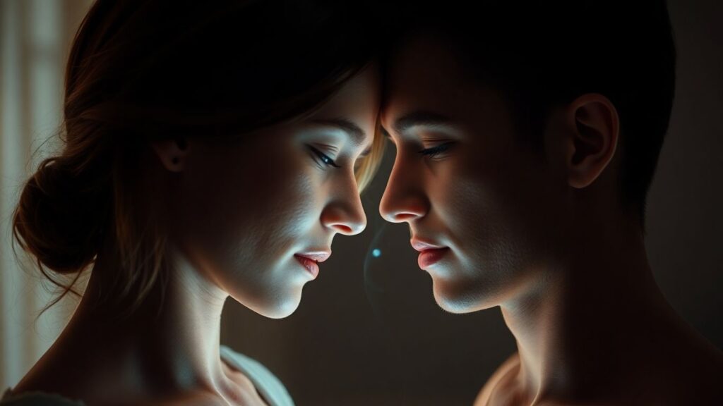 Couple sharing an intimate, healing moment.