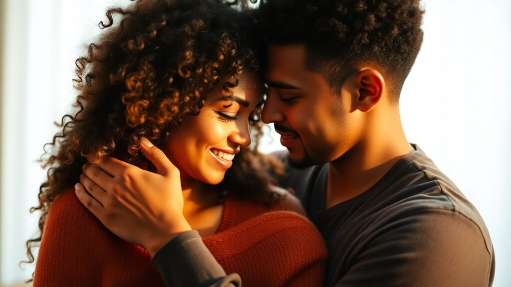 Couple sharing an intimate, loving embrace.