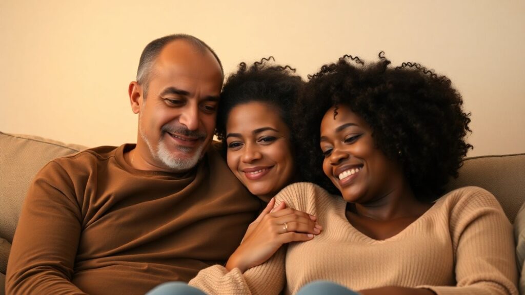 Couple sharing an intimate moment on a couch.