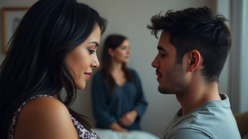 Couple with another person in background, relationship dynamics