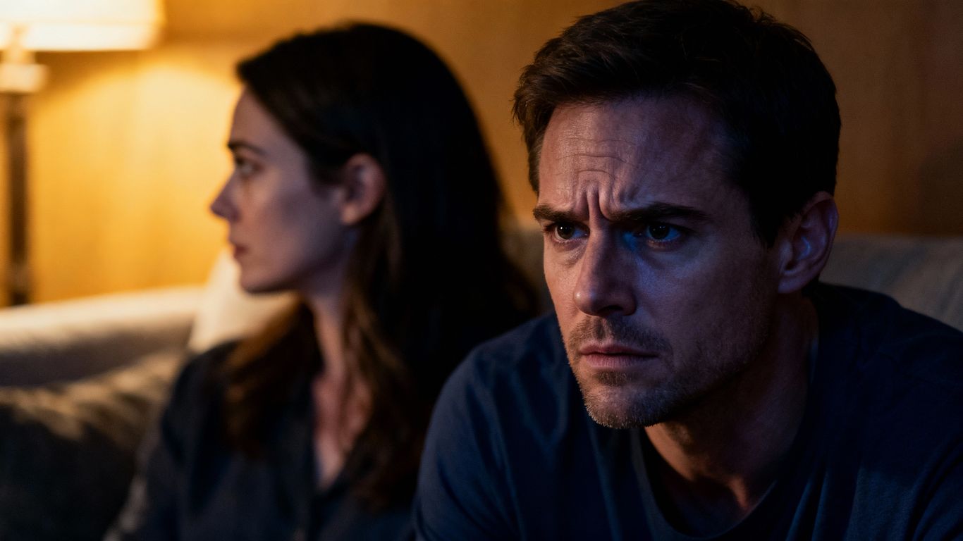 Couple with emotional distance in a dimly lit room.