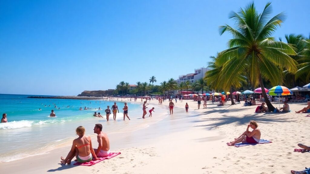 Couples and friends enjoying a sunny beach day in Gran Canaria.