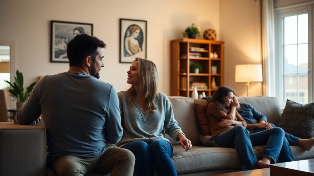 Couples communicating in a cozy living room.